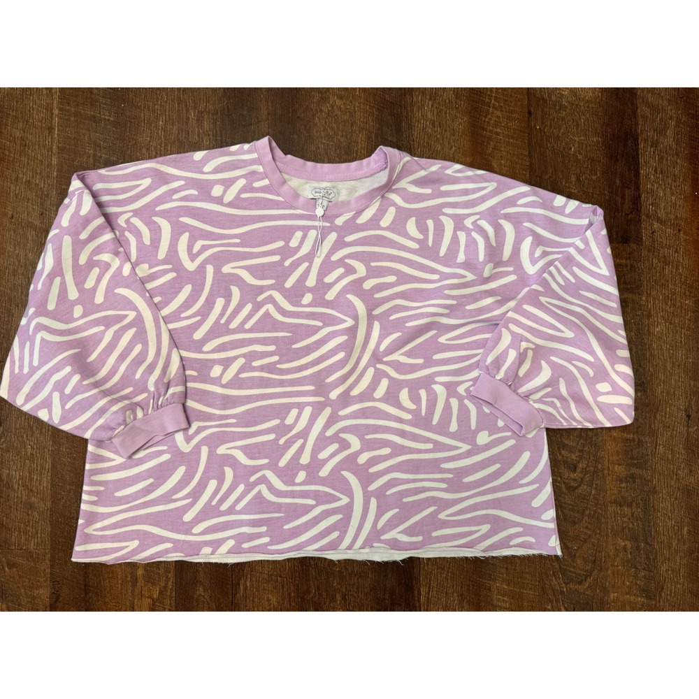 Mud Pie Women's Large Pink White Abstract Cropped Sweatshirt Puff Sleeve